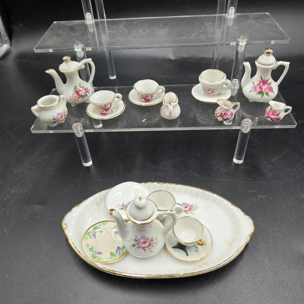 Vtg Miniature Ceramic Tea Set 22pc Pink Floral Rose w Gold Trim EXC Super Tiny